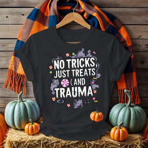 Unisex funny Halloween t-shirt featuring meme-inspired design, pumpkins, ghosts, bats, and sarcastic Halloween quotes on a comfy black cotton shirt