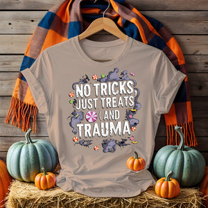 Unisex funny Halloween t-shirt featuring meme-inspired design, pumpkins, ghosts, bats, and sarcastic Halloween quotes on a comfy black cotton shirt