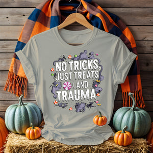 Unisex funny Halloween t-shirt featuring meme-inspired design, pumpkins, ghosts, bats, and sarcastic Halloween quotes on a comfy black cotton shirt