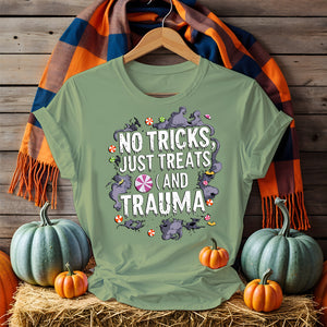 Unisex funny Halloween t-shirt featuring meme-inspired design, pumpkins, ghosts, bats, and sarcastic Halloween quotes on a comfy black cotton shirt