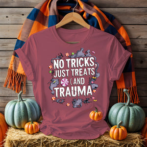 Unisex funny Halloween t-shirt featuring meme-inspired design, pumpkins, ghosts, bats, and sarcastic Halloween quotes on a comfy black cotton shirt