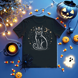 Unisex funny tee with black cosmic cat design in galaxy setting by Memez Store