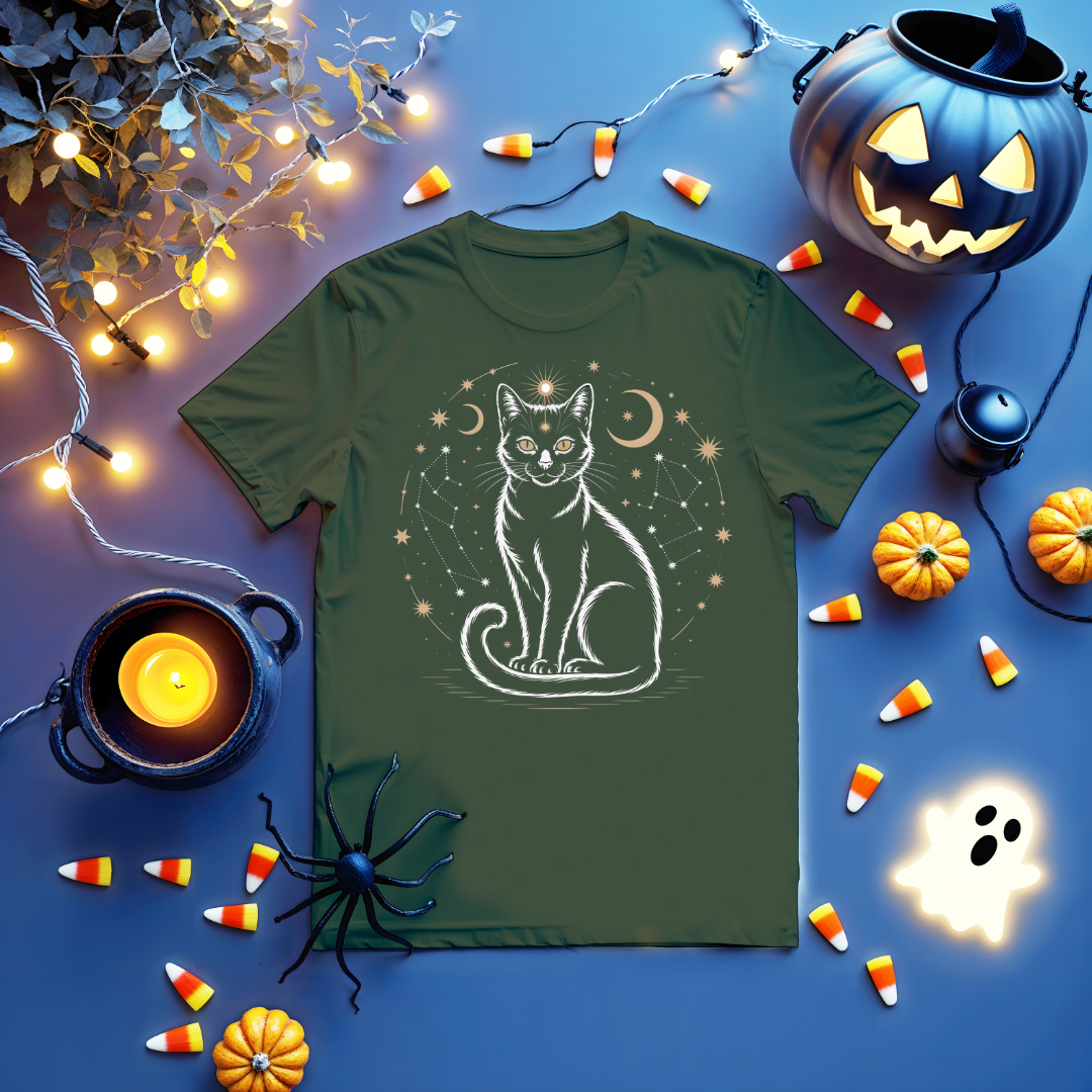 Unisex funny tee with black cosmic cat design in galaxy setting by Memez Store