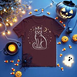 Unisex funny tee with black cosmic cat design in galaxy setting by Memez Store