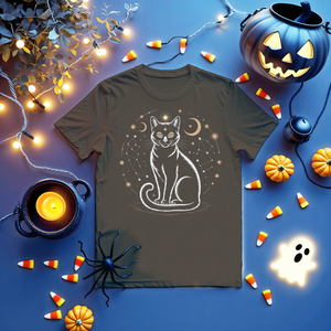 Unisex funny tee with black cosmic cat design in galaxy setting by Memez Store