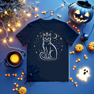 Unisex funny tee with black cosmic cat design in galaxy setting by Memez Store