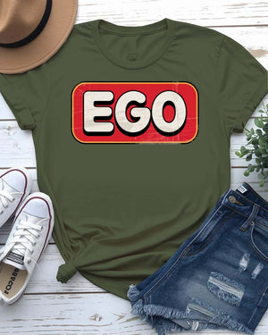 Unisex meme t-shirt with “Self Ego” text in bold modern typography, styled with a confident pose.