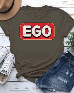 Unisex meme t-shirt with “Self Ego” text in bold modern typography, styled with a confident pose.