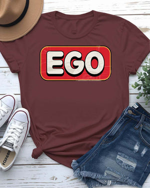 Unisex meme t-shirt with “Self Ego” text in bold modern typography, styled with a confident pose.