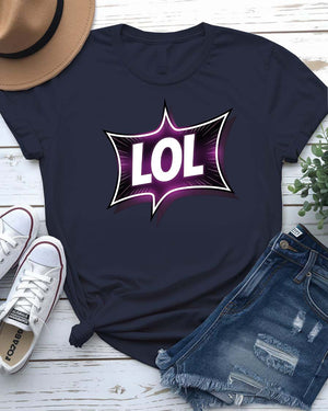 Unisex model wearing LOL Funny Typographical Tee in bold black font on a neutral background, looking playfully sarcastic