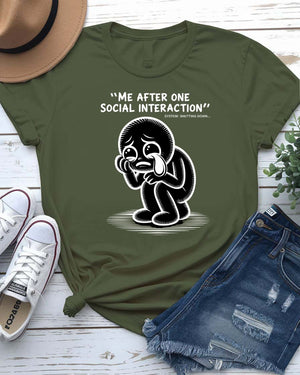 Unisex model wearing Me After One Social Interaction funny meme tee in a minimalist room setting
