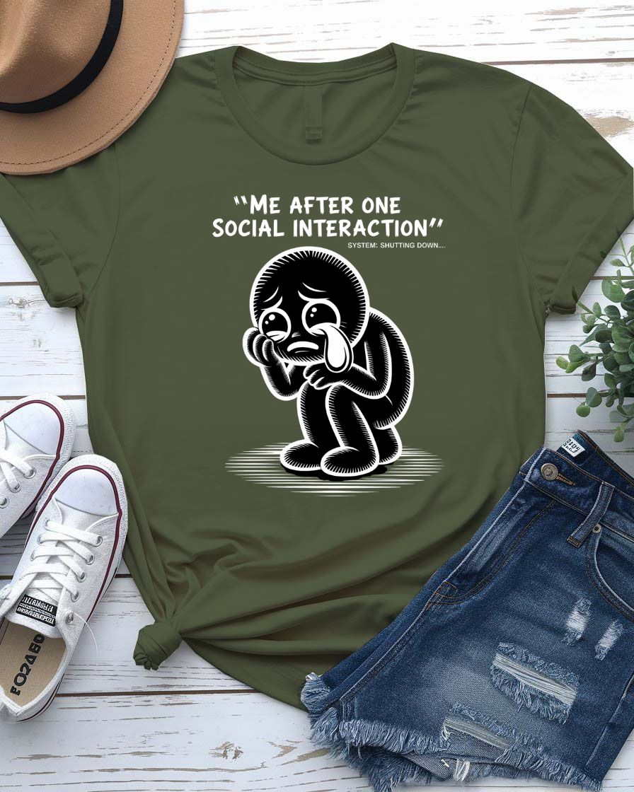 Unisex model wearing Me After One Social Interaction funny meme tee in a minimalist room setting