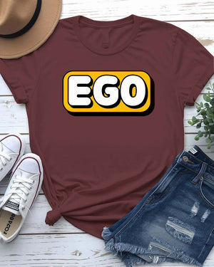 Unisex t-shirt with bold text “SELF EGO” printed in large, minimalist font – sarcastic meme fashion by Memez Store.