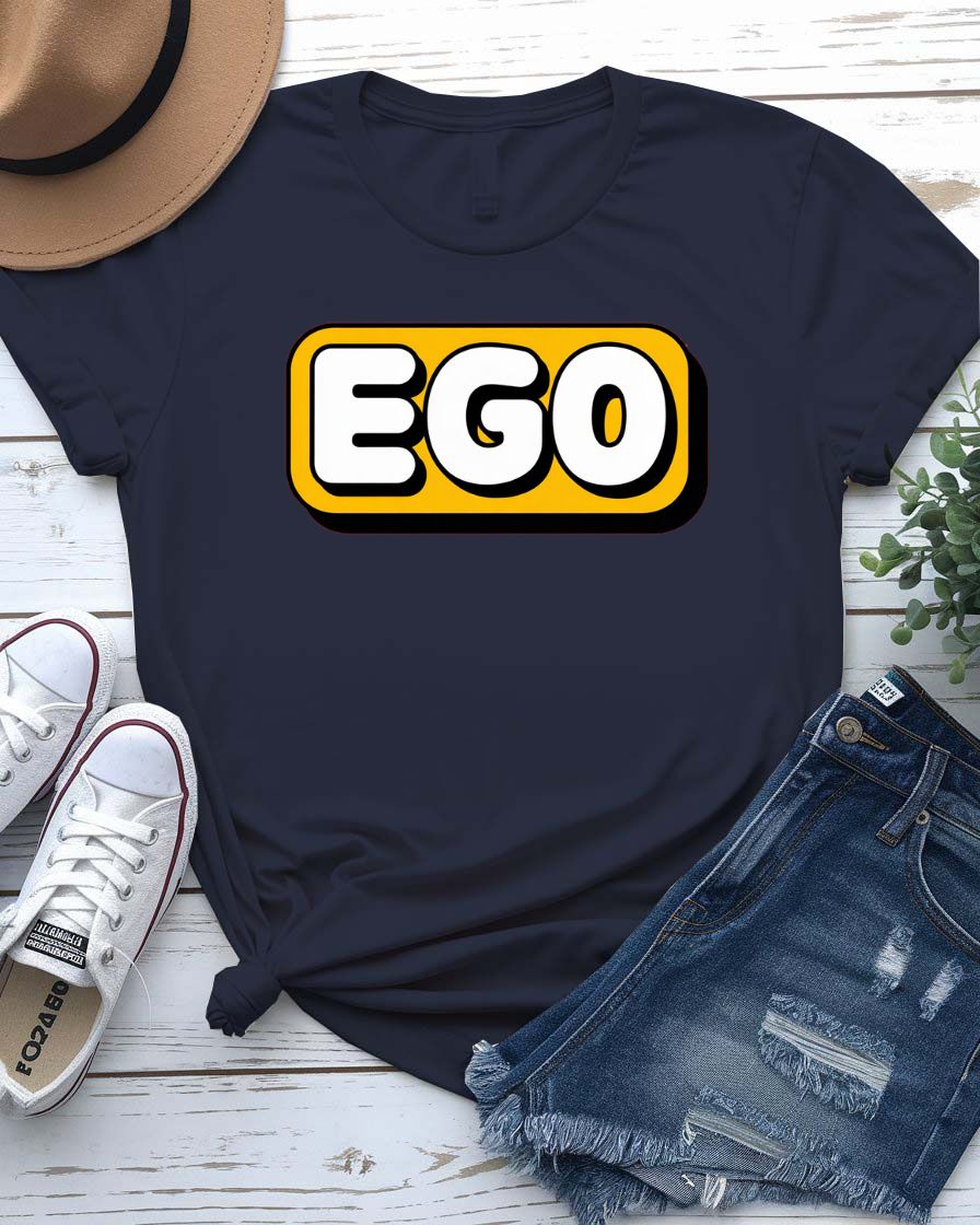 Unisex t-shirt with bold text “SELF EGO” printed in large, minimalist font – sarcastic meme fashion by Memez Store.