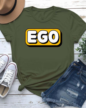 Unisex t-shirt with bold text “SELF EGO” printed in large, minimalist font – sarcastic meme fashion by Memez Store.