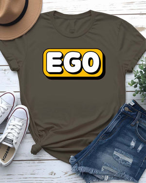 Unisex t-shirt with bold text “SELF EGO” printed in large, minimalist font – sarcastic meme fashion by Memez Store.