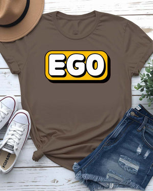 Unisex t-shirt with bold text “SELF EGO” printed in large, minimalist font – sarcastic meme fashion by Memez Store.