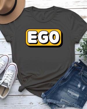 Unisex t-shirt with bold text “SELF EGO” printed in large, minimalist font – sarcastic meme fashion by Memez Store.