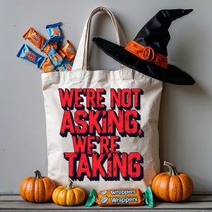 We Are Not Asking, We Are Talking Tote Bag by Memez Store – bold typographic activist design in black and white