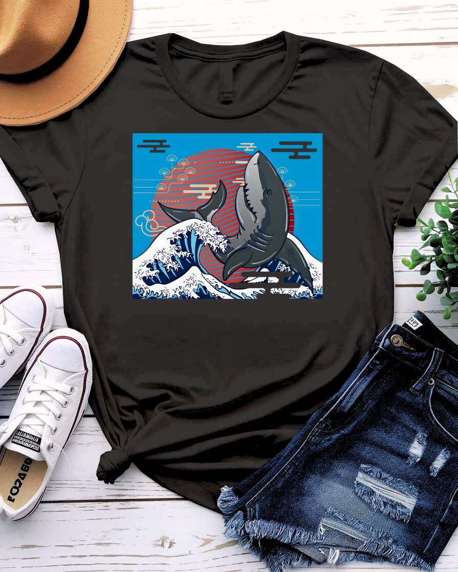 Whale Streetwear Tee with breaching humpback and geometric wave on model