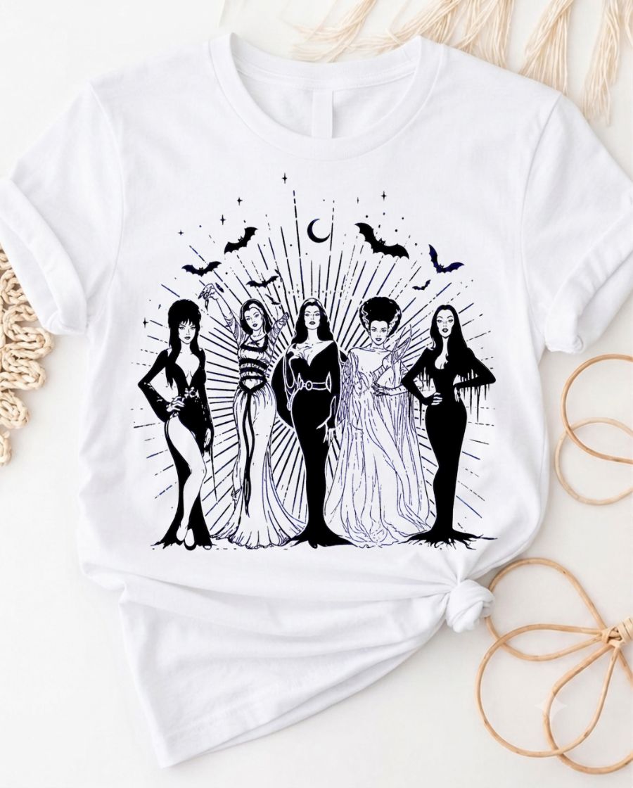 Witch sisters gothic silhouette tee with retro halloween witch squad design