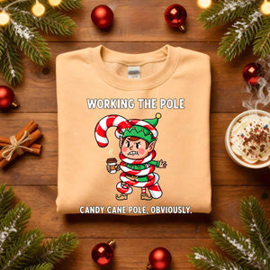 Working The Pole Christmas Sweatshirt – funny adult holiday meme sweatshirt with candy cane pole joke, cozy unisex pullover for festive humor by Memez.Store