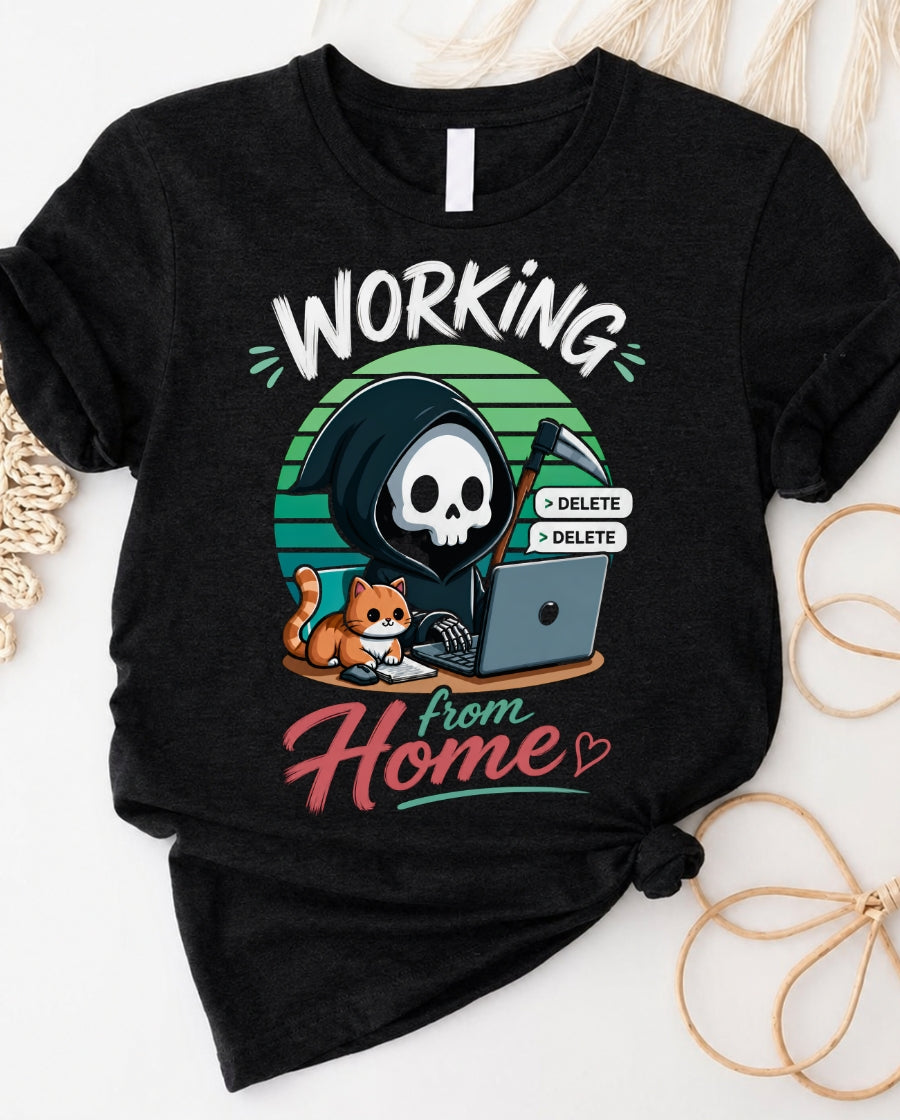 Working from home grim reaper and cats t-shirt with cute remote work graphic