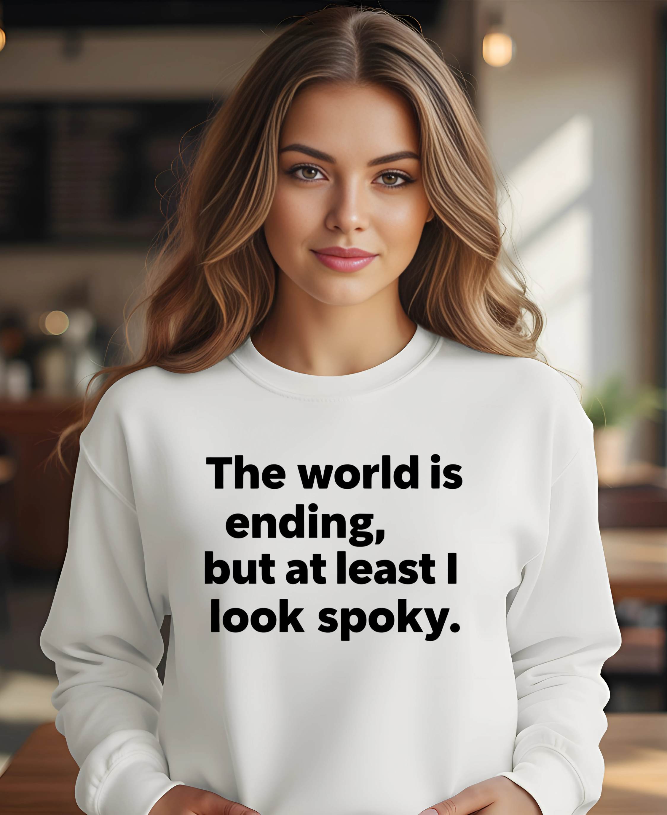 Halloween sweatshirt for introverts with World Is Ending But I Look Spooky print”