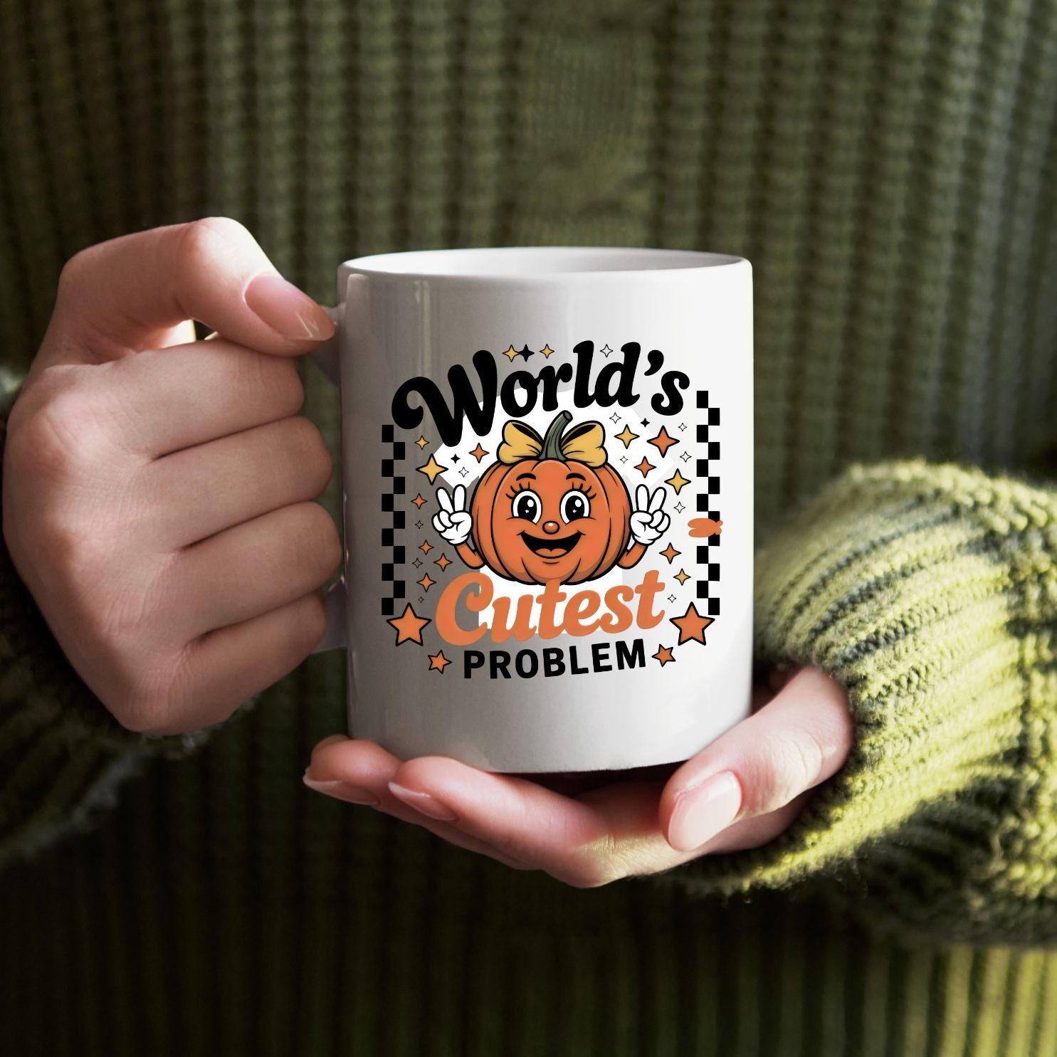 World's Cuttest Problem Halloween Meme Mug on desk with coffee