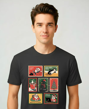 “Xmas Stamp Collection Meme Funny Tee – funny Christmas meme t-shirt with collage of Xmas stamps”
