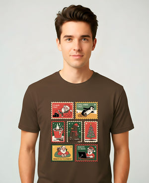 “Xmas Stamp Collection Meme Funny Tee – funny Christmas meme t-shirt with collage of Xmas stamps”