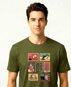 “Xmas Stamp Collection Meme Funny Tee – funny Christmas meme t-shirt with collage of Xmas stamps”