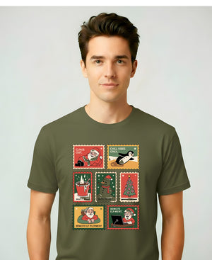“Xmas Stamp Collection Meme Funny Tee – funny Christmas meme t-shirt with collage of Xmas stamps”