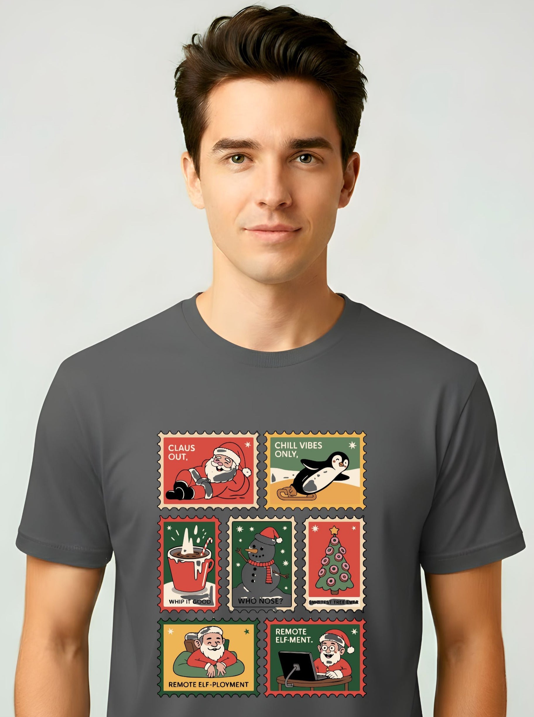 “Xmas Stamp Collection Meme Funny Tee – funny Christmas meme t-shirt with collage of Xmas stamps”