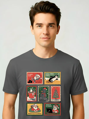 “Xmas Stamp Collection Meme Funny Tee – funny Christmas meme t-shirt with collage of Xmas stamps”