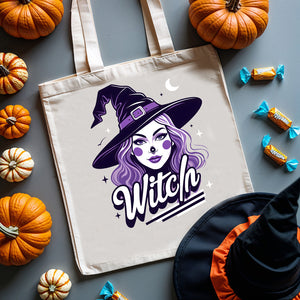 Reusable eco-friendly spooky tote with witch quote”