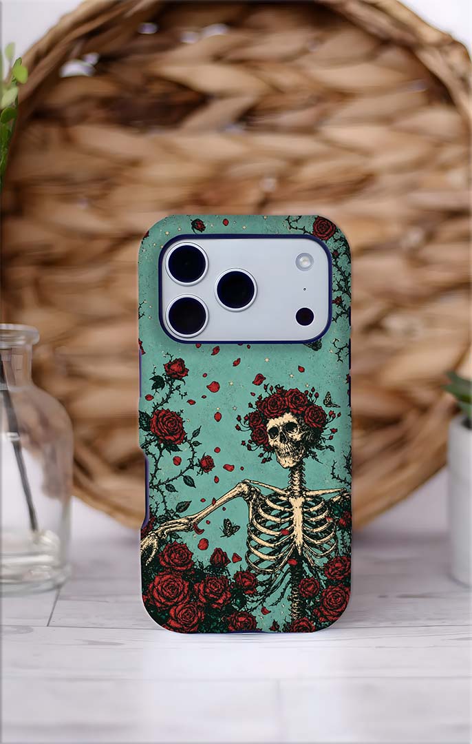 Skeleton & Roses Tough Magnetic Phone Case – Gothic Moon iPhone Cover