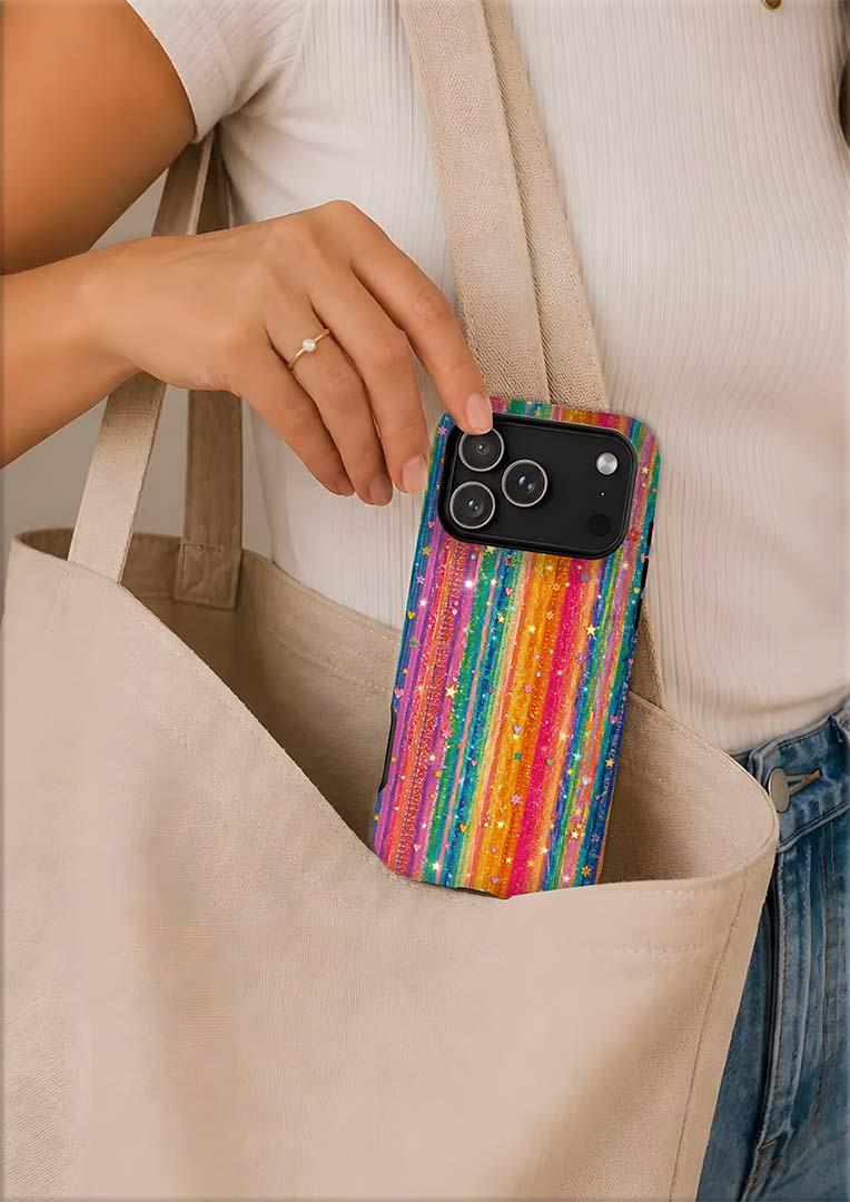 Rainbow Glitter Stripe Tough Magnetic Phone Case — Sparkle Stars iPhone Cover