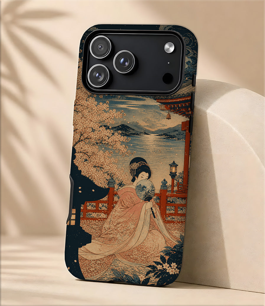Vintage Geisha Phone Case — Japanese Cherry Blossom Art Tough Magnetic Case