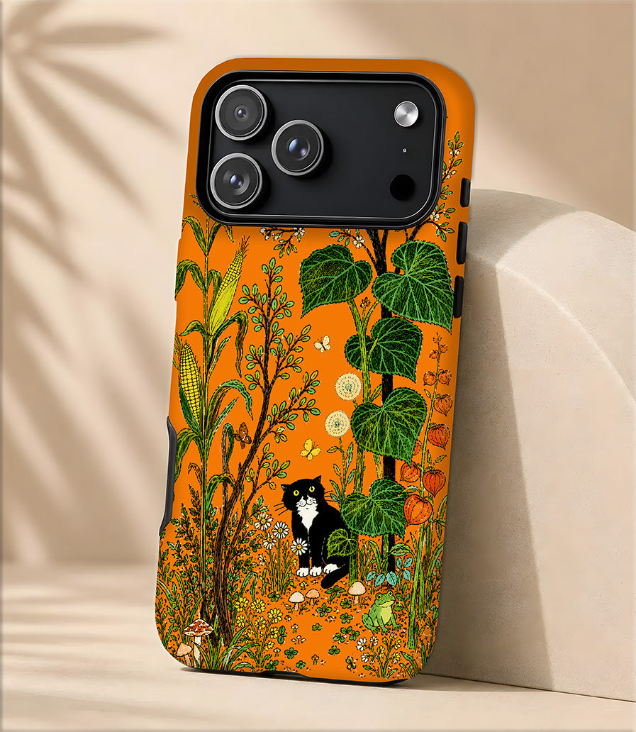 Botanical Black Cat Tough Magnetic Phone Case — Orange Floral Protection
