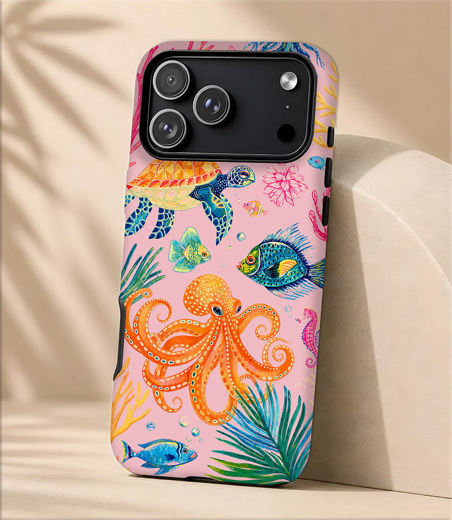Ocean Friends Tough Magnetic Phone Case — Pink Octopus, Turtle & Fish Design