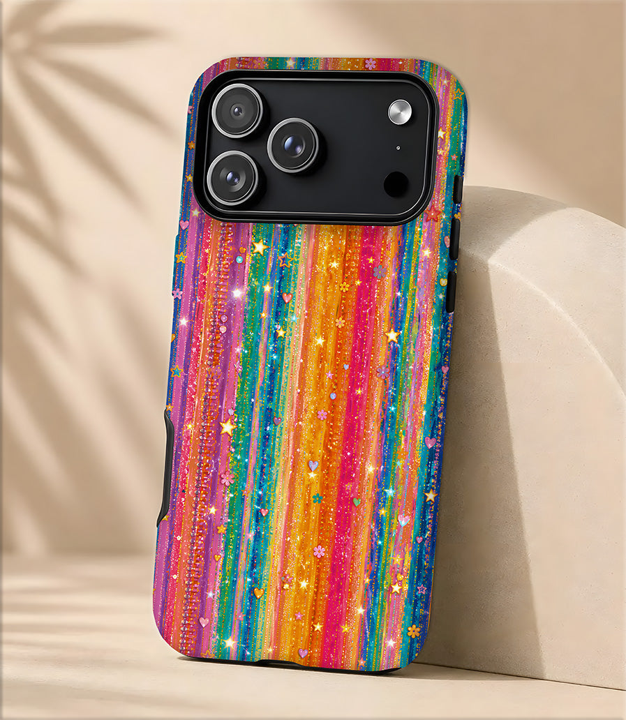 Rainbow Glitter Stripe Tough Magnetic Phone Case — Sparkle Stars iPhone Cover