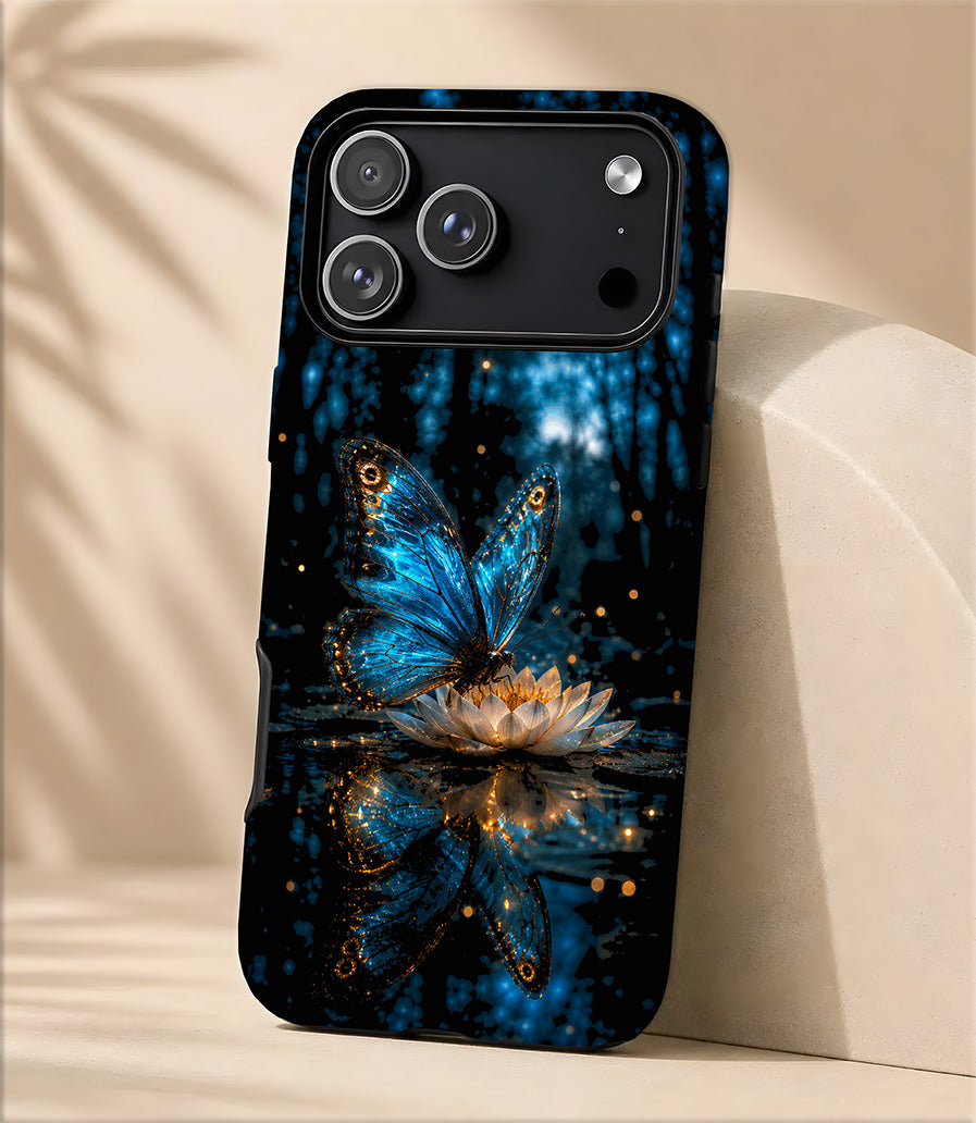 Magnetic Tough Phone Case — Blue Butterfly Lotus Design