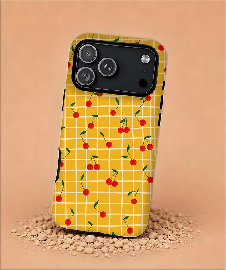 Cherry Grid Tough Magnetic Phone Case — Retro Yellow Cherry Pattern Protective Case