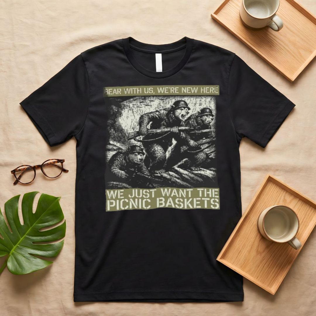 Bear With Us Punny Camping Graphic T-Shirt on Model
