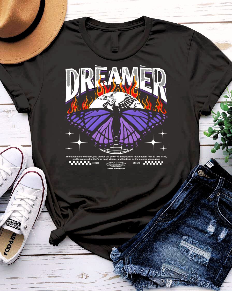 Dreamer Streetwear T-Shirt with silhouette and paper airplane graphic on model