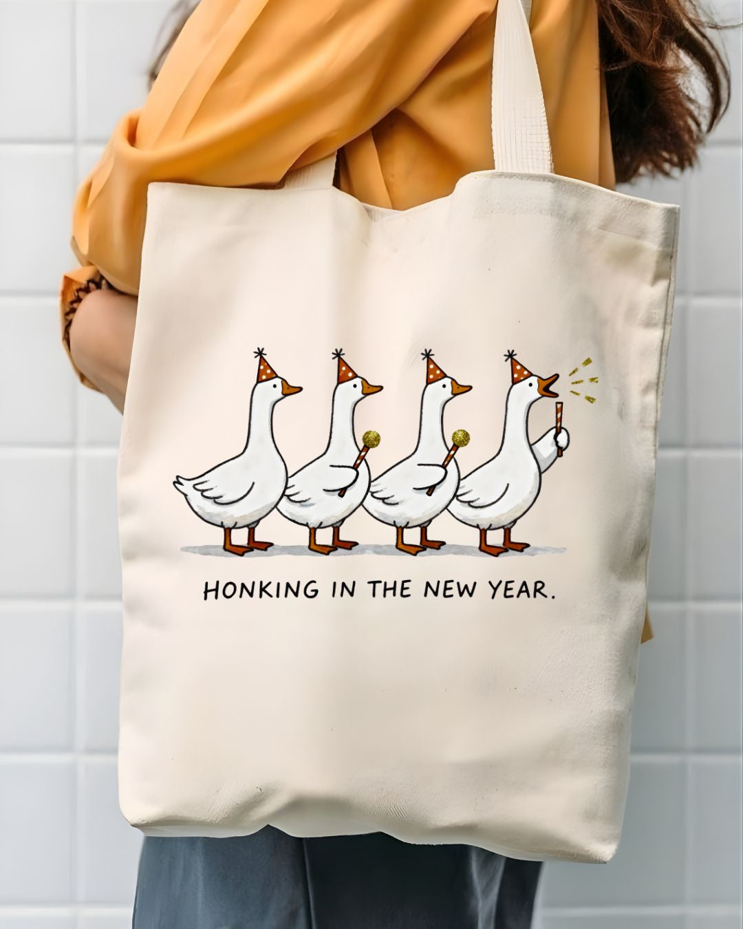 Honking In New Year Funny Cartoon Goose Tote Bag