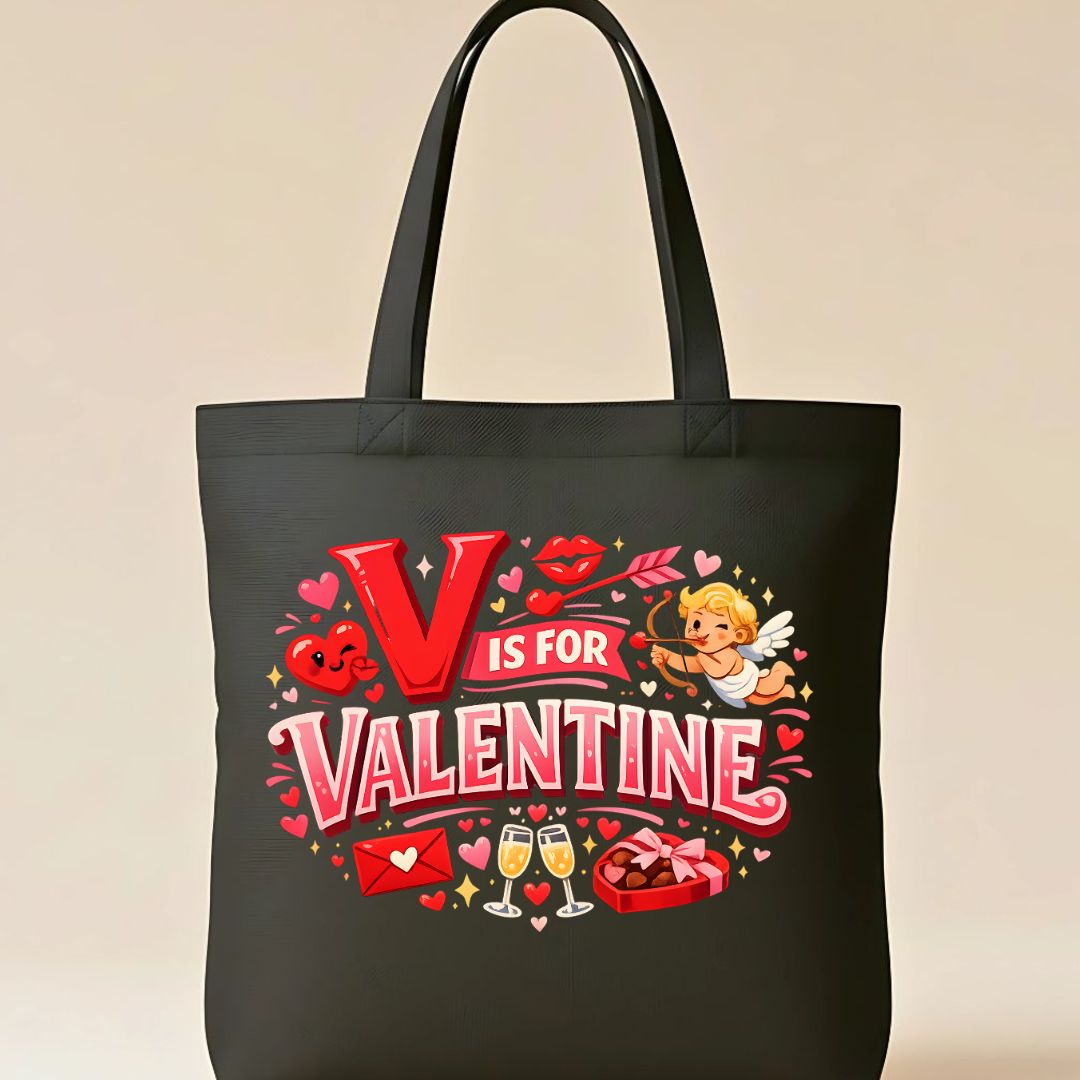 "V is For Valentine" typographic tote bag on natural canvas