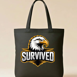 Minimalist 'Survived' text tote bag on natural canvas