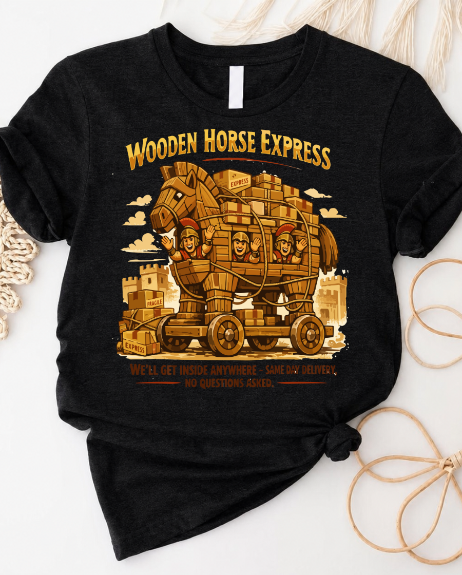 Wooden Horse Express T‑Shirt — Trojan Wagon Vintage Graphic Tee